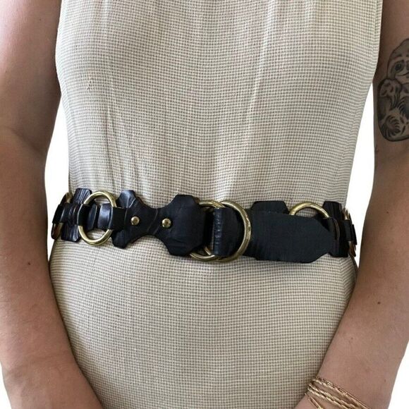 Vintage 1970s Battani Black Leather Solid Brass Buckle Hippie Festival Belt Sz L main image 5